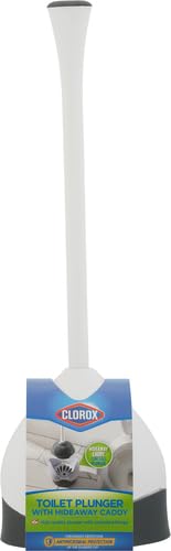 Clorox Toilet Plunger with Hideaway Holder Caddy Heavy-Duty Compact Design with Non-Skid Rubber Base for Bathroom Convenient Storage Toilet Unclogger, 6.5x19.5-Inch, White