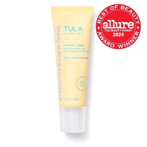 TULA Skin Care Protect + Glow Daily Sunscreen - Gel, Broad Spectrum SPF 30, Skincare-First, Non-Greasy, Non-Comedogenic and Reef-Safe with Pollution and Blue Light Protection, Regular, 1.7 fl oz.