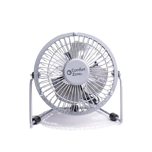 Comfort Zone 4-inch All-Metal Desk Fan with USB or Power Cord, Single Speed, 360 Degree Adjustable Tilt, Compact & Durable Mini Electric Fan for Home, Office or Travel Use, Silver