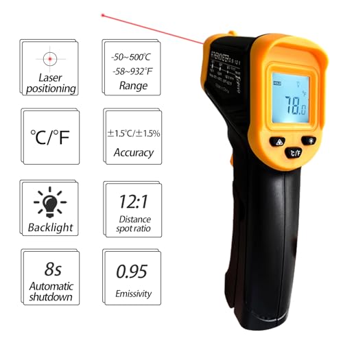 Digital Infrared Thermometer Gun for Cooking,BBQ,Pizza Oven,Ir Thermometer with Backlight,-58℉~932℉(-50℃~500℃) Handheld Non Contact Heat Laser Temperature Gun (Not for Human)