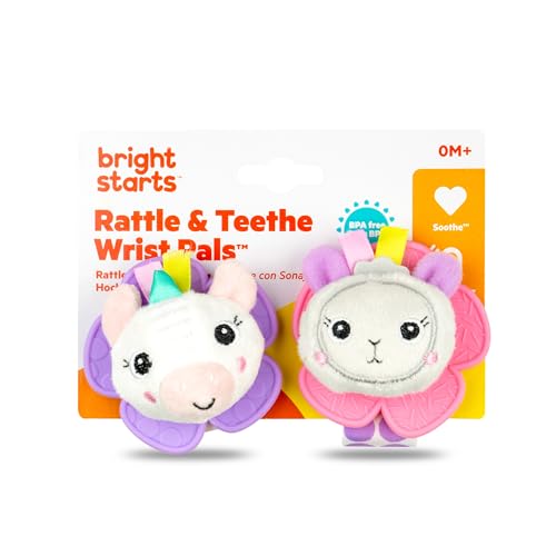 Bright Starts Rattle & Teethe Wrist Pals Toy, Unicorn & Llama, Newborn+, 2 Count