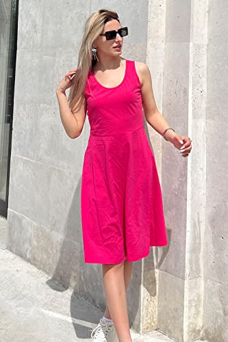 STYLEWORD Pink Dress for Women 2024 Summer Casual Crew Neck A Line Skater Party Holiday Dress Vacation Outfits(Rose,M)
