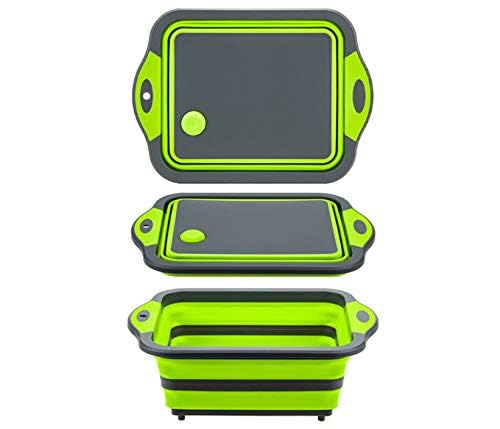 YZWDTGS Collapsible Cutting Board with Colander, Foldable Multi-function Kitchen Plastic Silicone Dish Tub, Fruits Vegetables Wash and Drain Sink Storage Basket (Green)