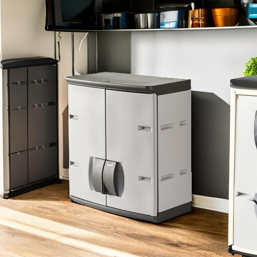 Rubbermaid Wall Mounted Storage Cabinet with Doors 150-Pound Capacity Gray Lockable Three-Shelf Cubbard for Tools/Car Accessories/Cleaning in Home/Garage/Outdoor Areas