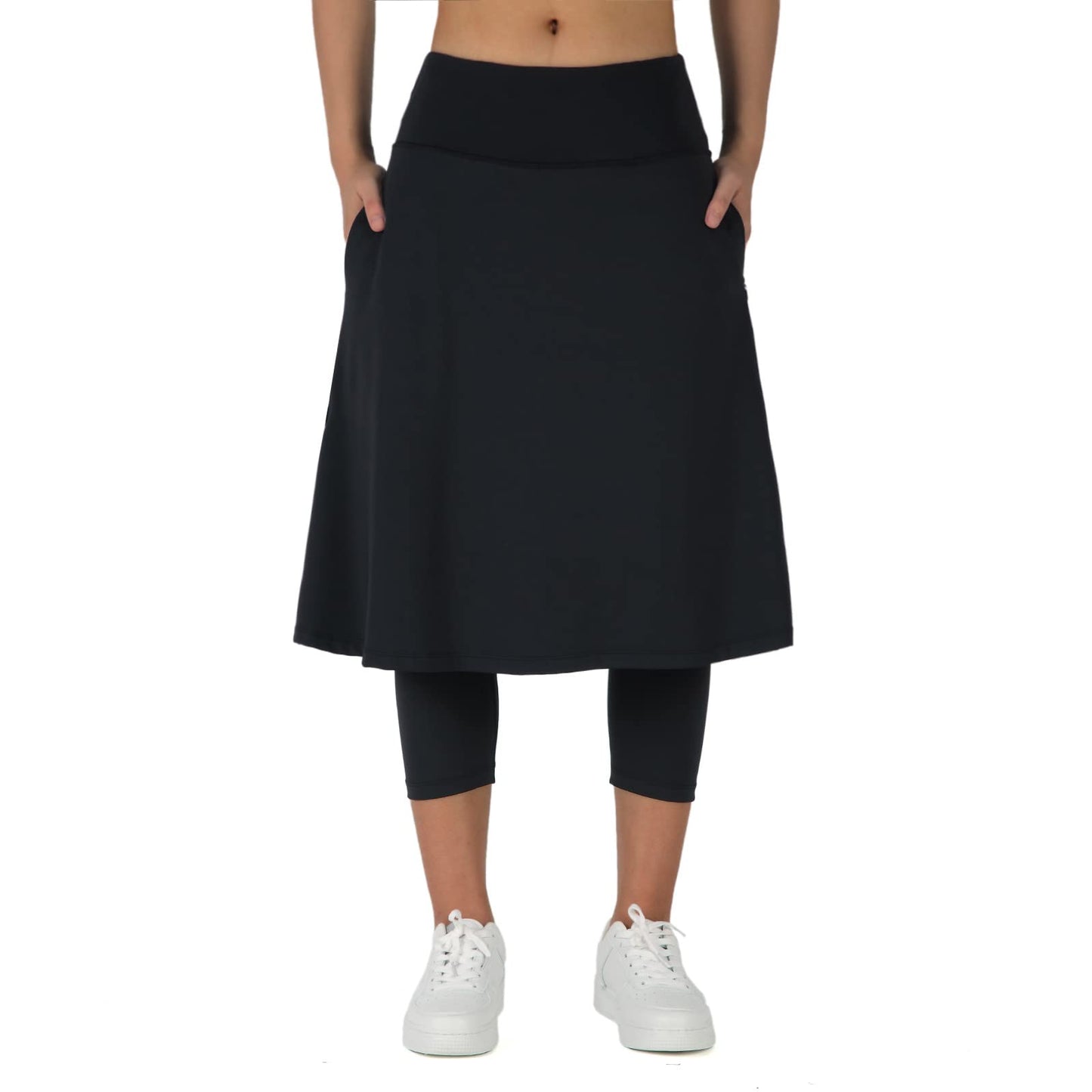 ANIVIVO Women Long Knee Length Skirt with Capris Leggings,Skirted Leggings with High Waisted Zipper Pockets(Black,L)