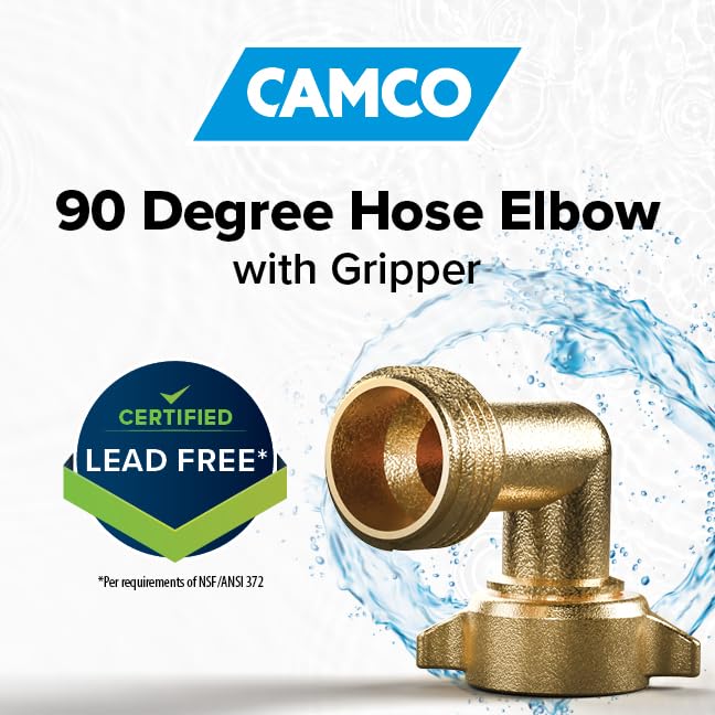 Camco 90-Degree Hose Elbow For RVs — Solid Brass Construction— Certified Lead-Free — Features Convenient Easy Grip Connector — For RV Water Hoses, Residential Outdoor Faucets, & More — 2-Pack (22507)