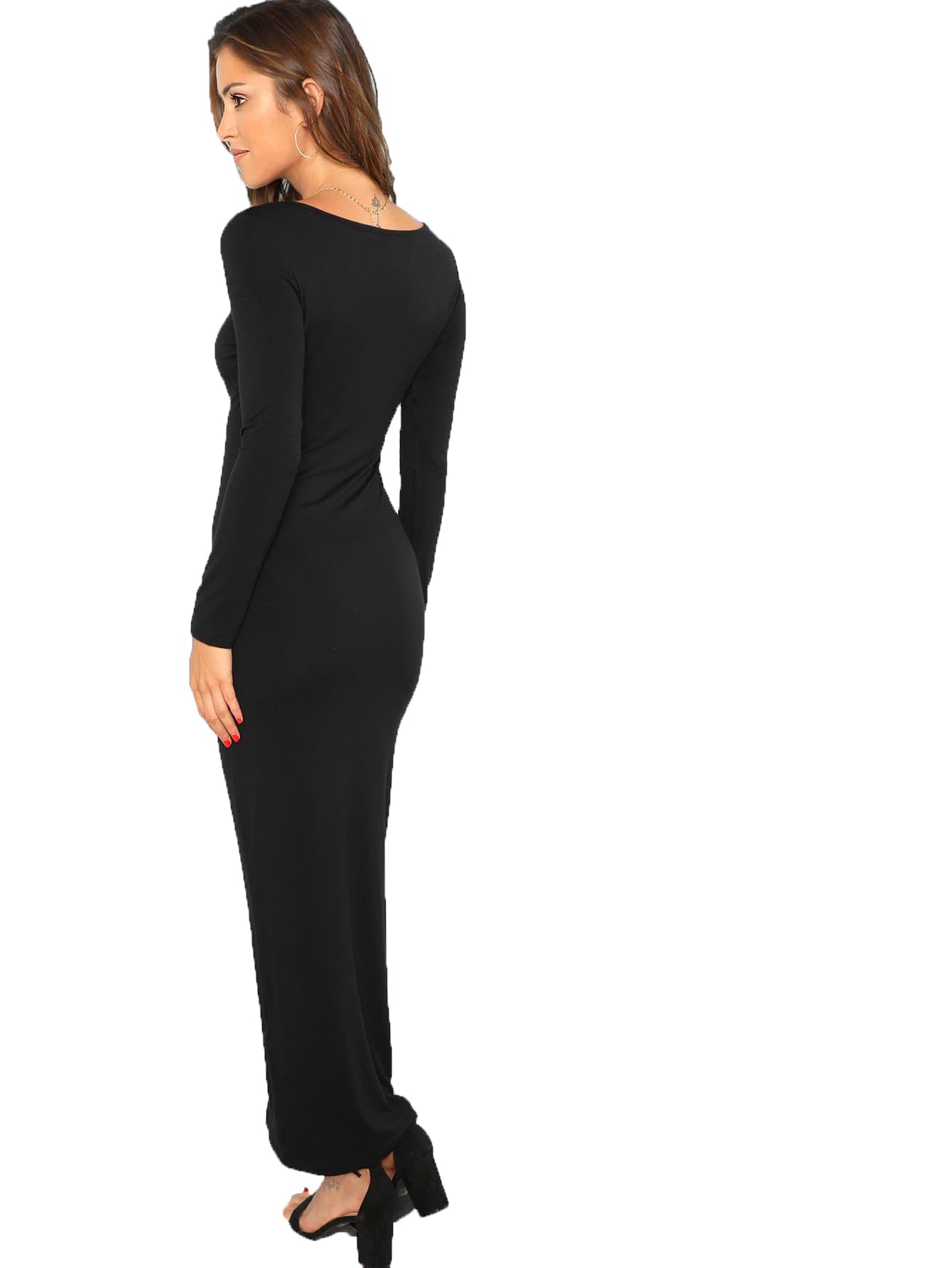 Verdusa Women's Long Sleeve Square Neck Bodycon Maxi Long Dress Black S