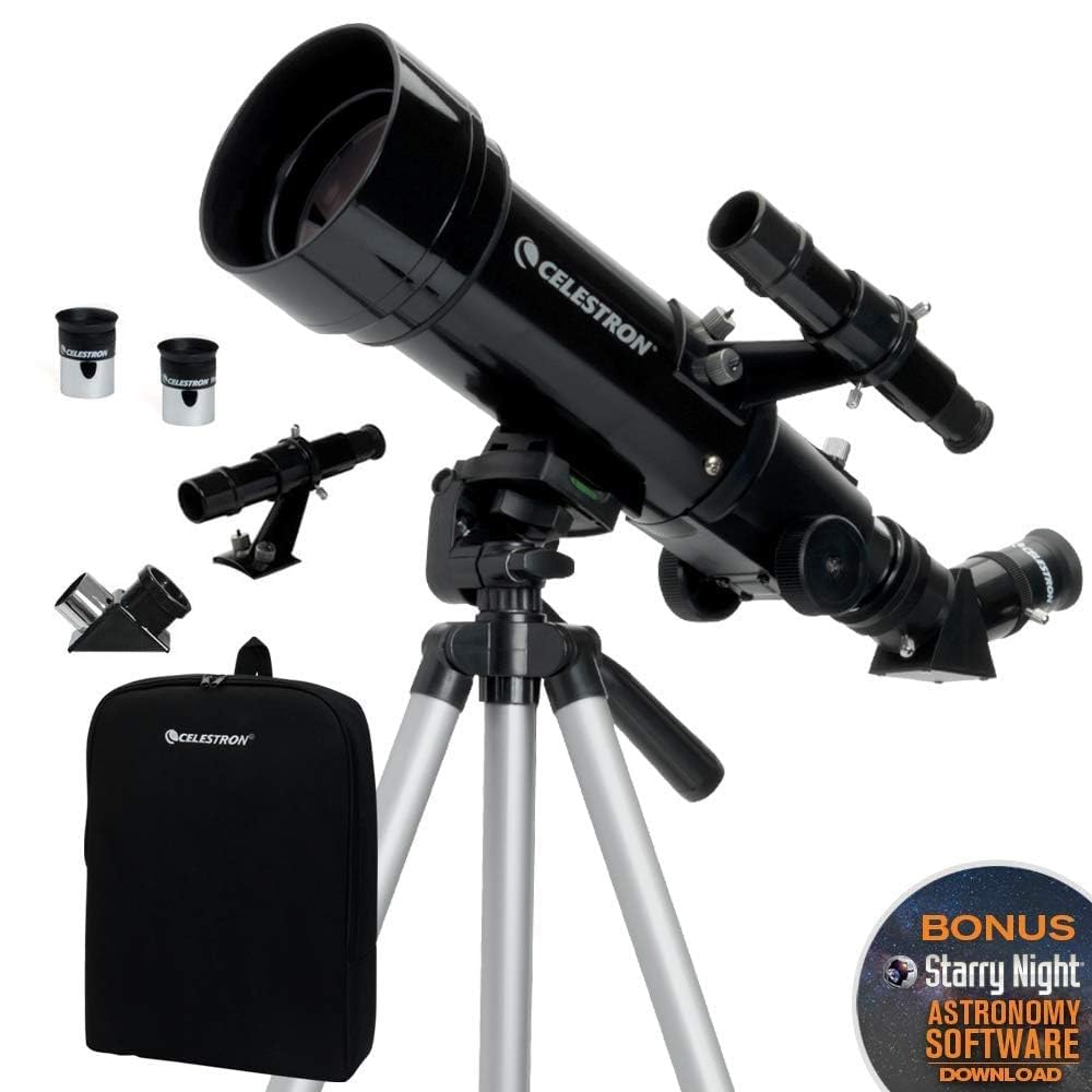 Celestron Travel Scope 70 Portable Refractor Telescope – 70mm Aperture, Fully-Coated Glass Optics – Includes Tripod, Backpack & Software – Ideal for Beginners & Travel