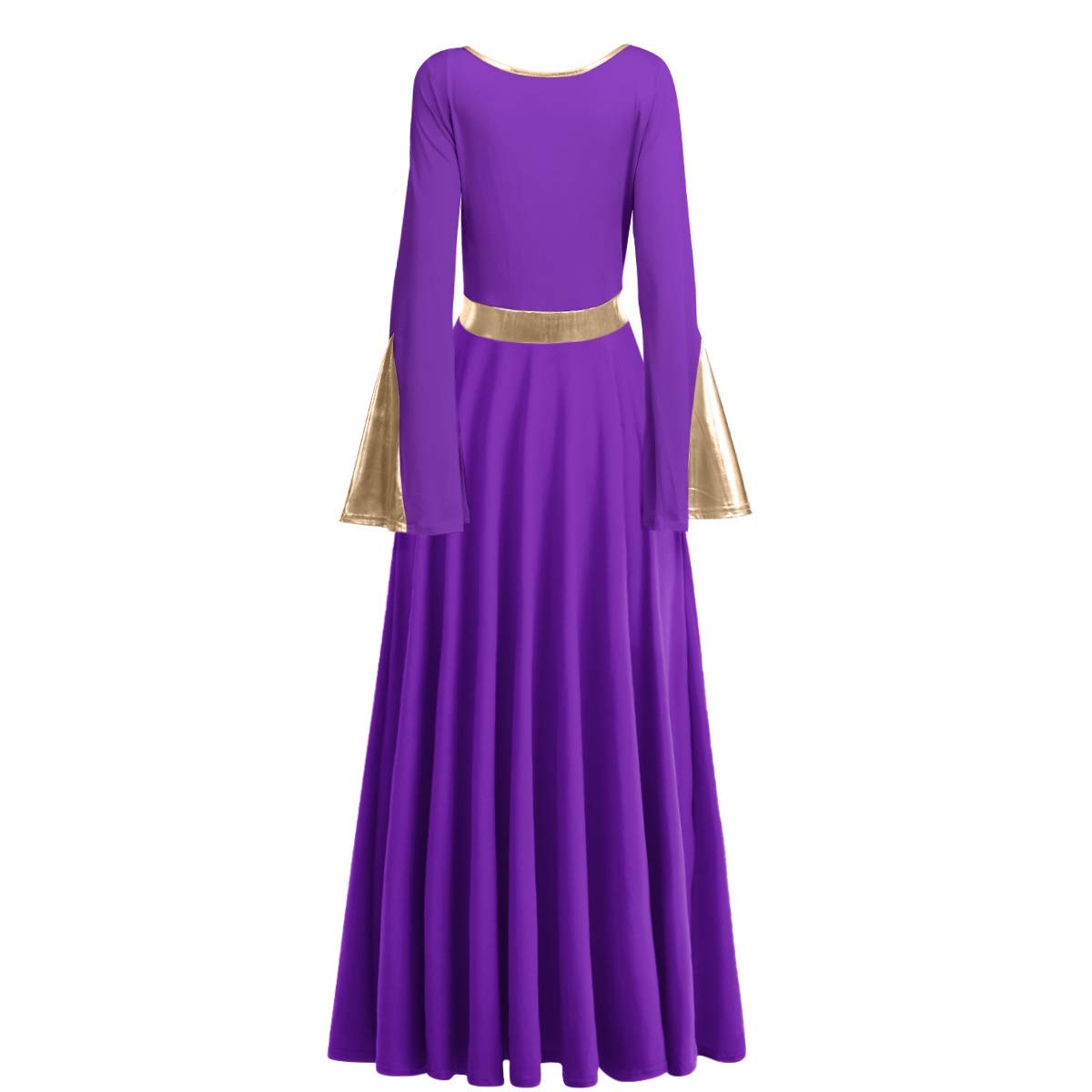 Women Girls Adult Full Length Bell Long Sleeves Loose Fit Liturgical Praise Dance Dress Ruffle Swing Casual Ballet Dance Costume Birthday Party Outfit Maxi Gowns Ballet Praisewear Purple + Gold XS