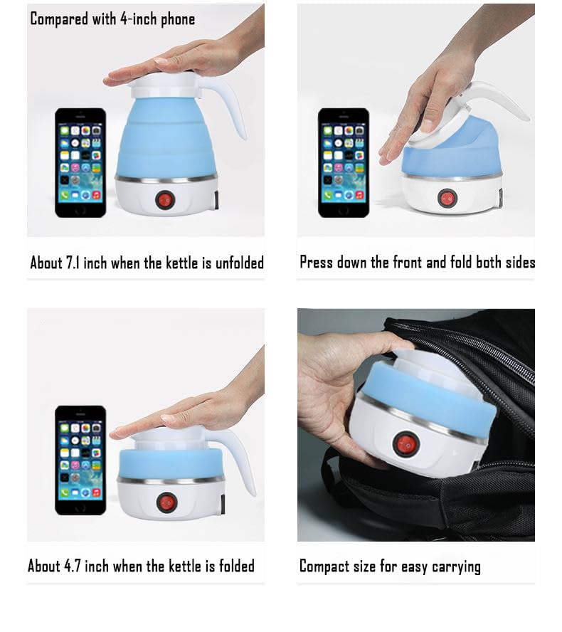 Travel Kettle Electric Small Foldable Portable Kettle,Silicone Collapsible Heating Water Boiler Tea Pot for Camping,Easy for Storage with Separable Power Cord (Blue pro)