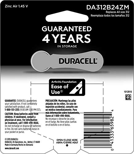 Duracell Hearing Aid Batteries Brown Size 312, 24 Count Pack, 312A Size Hearing Aid Battery with Long-lasting Power, Extra-Long EasyTab Install for Hearing Aid Devices