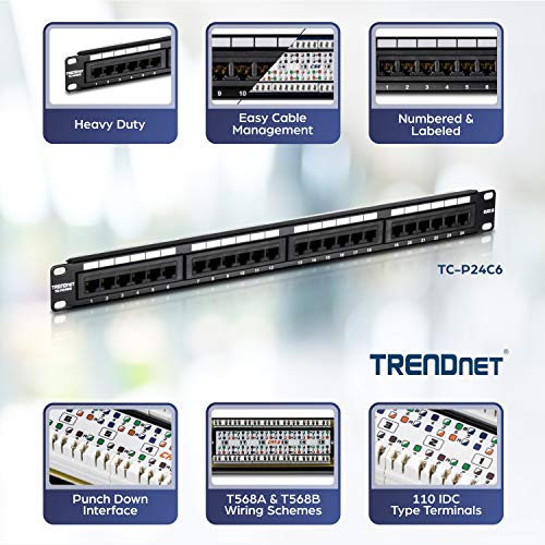 TRENDnet 24-Port Cat6 Unshielded Patch Panel, Wallmount or Rackmount, Compatible with Cat3,4,5,5e,6 Cabling, for Ethernet, Fast Ethernet, Gigabit Applications, Black, TC-P24C6 (Pack of 1)