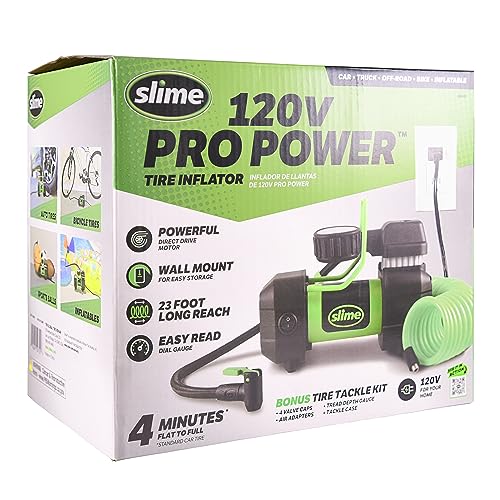 Slime 40045 Home Tire Inflator, Wall Mounted 120V, SUV, 4x4 Air Compressor, Heavy Duty, 2X Pro Power, with Analog 100 psi Dial Gauge, Long Hose and LED Light, 4 min Inflation