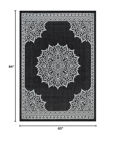 CAMILSON Outdoor Rug, 5x7 Medallion Black White Modern Area Rugs for Indoor and Outdoor Patios, Kitchen and Hallway Mats, Washable Porch Deck Outside Carpet (Medallion Black, 5 x 7)