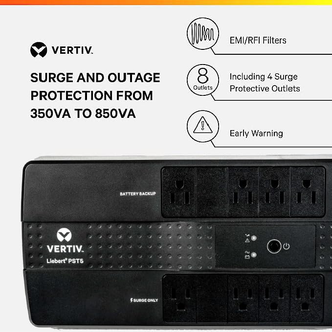 Vertiv Liebert PST5 UPS - 500VA/300W 120V Standby Power, 8 Outlets, Battery Backup with Surge Protection, Energy Star Certified, 3 Year Warranty, Free Software for Controlled Shutdown (PST5-500MT120)