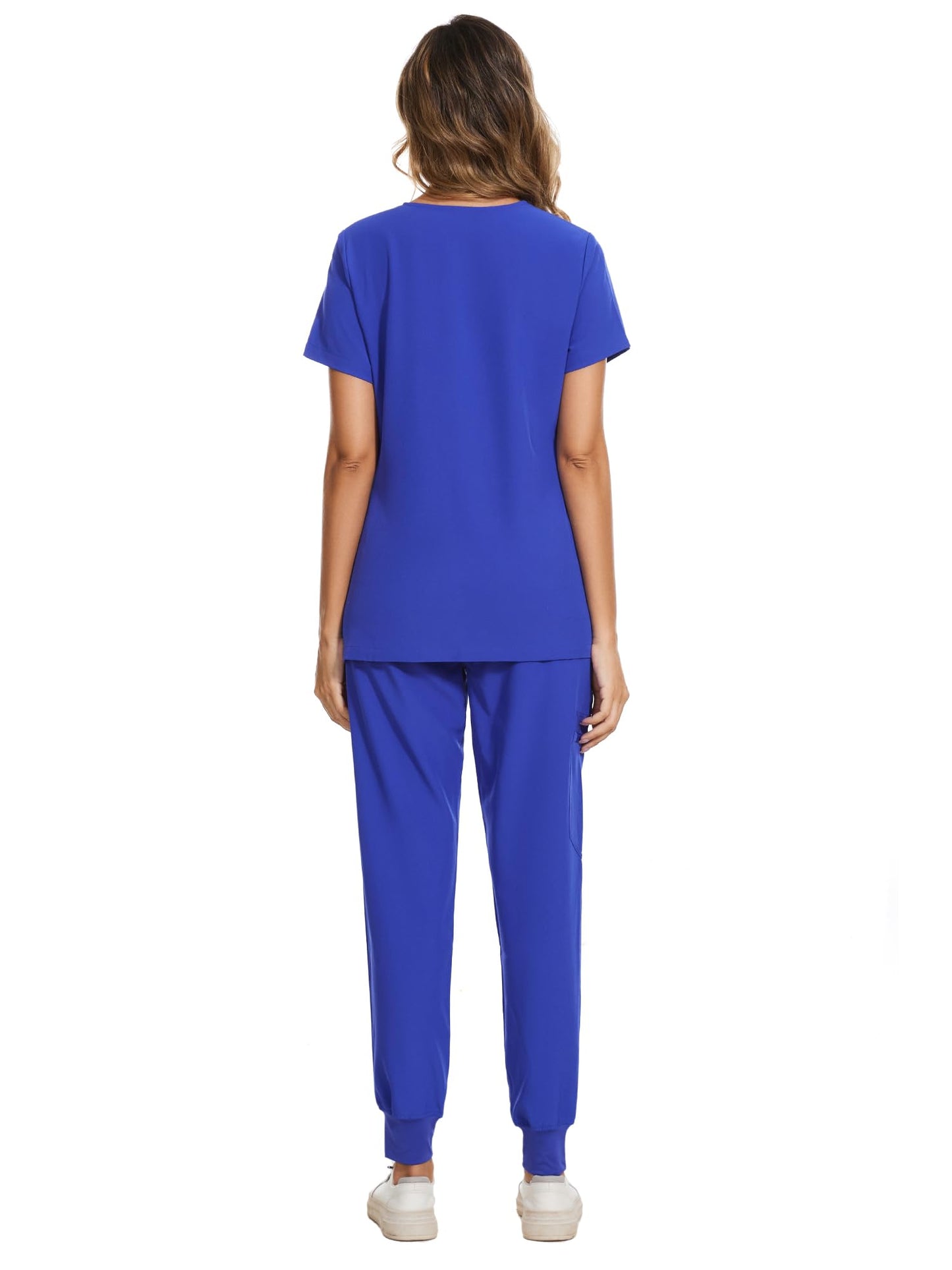 COZYFIT Women's Scrubs Set - Stretch V-Neck Top & Jogger Pant with 8 Pockets, Yoga Waistband, Anti Wrinkle, Slim Fit - Blueberry, XS, Tall