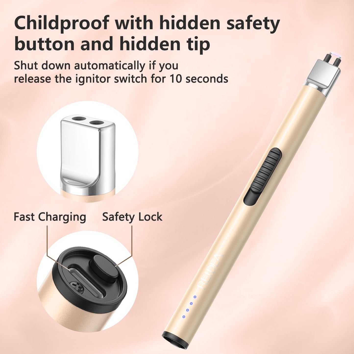 REIDEA Lighter Electric for Candle S4 Pro USB Rechargeable Safety Lock with LED Battery Indicator Flameless Windproof Arc Plasma Lighter for Candle, Fireworks (Champagne Gold)