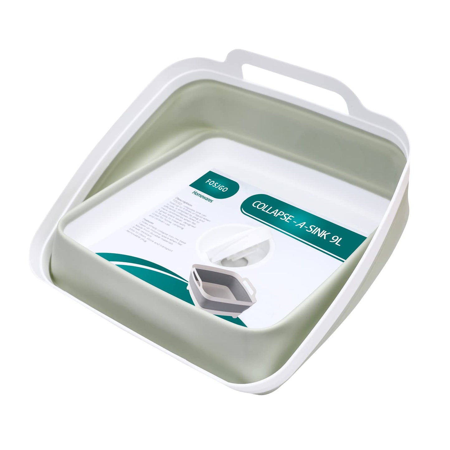 FOSJGO Collapsible Dish Basin with Drain Plug and Carry Handles - 9L Capacity, Portable Sink Tub for Camping and RV