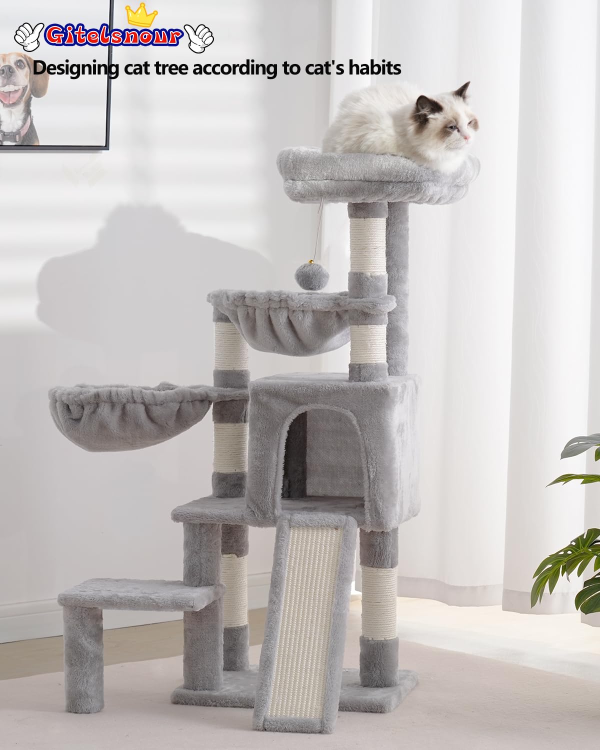 Gitelsnour Cat Tree, Cat Tower with condo, 2 Baskets, Large Platform, Scratch Board, Cat Scratching Posts for Indoor Cats, Light Gray GCT003SW