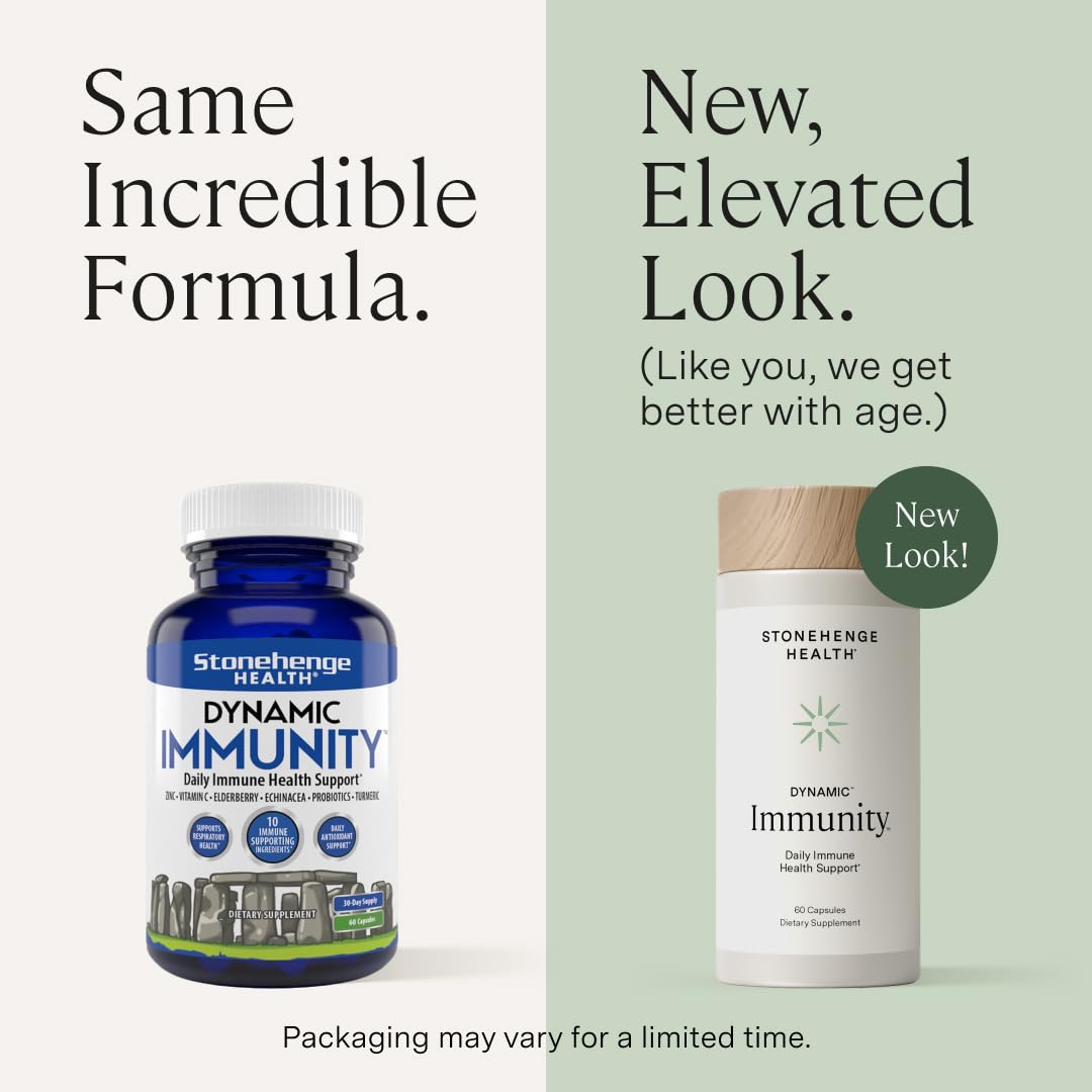 Stonehenge Health Dynamic Immunity Daily Supplement 10-in-1 Immune Boosters Zinc, Elderberry, Echinacea, Vitamin C & Probiotic L. Acidophilus – Supports Immune System & Respiratory Health, 60 Capsules