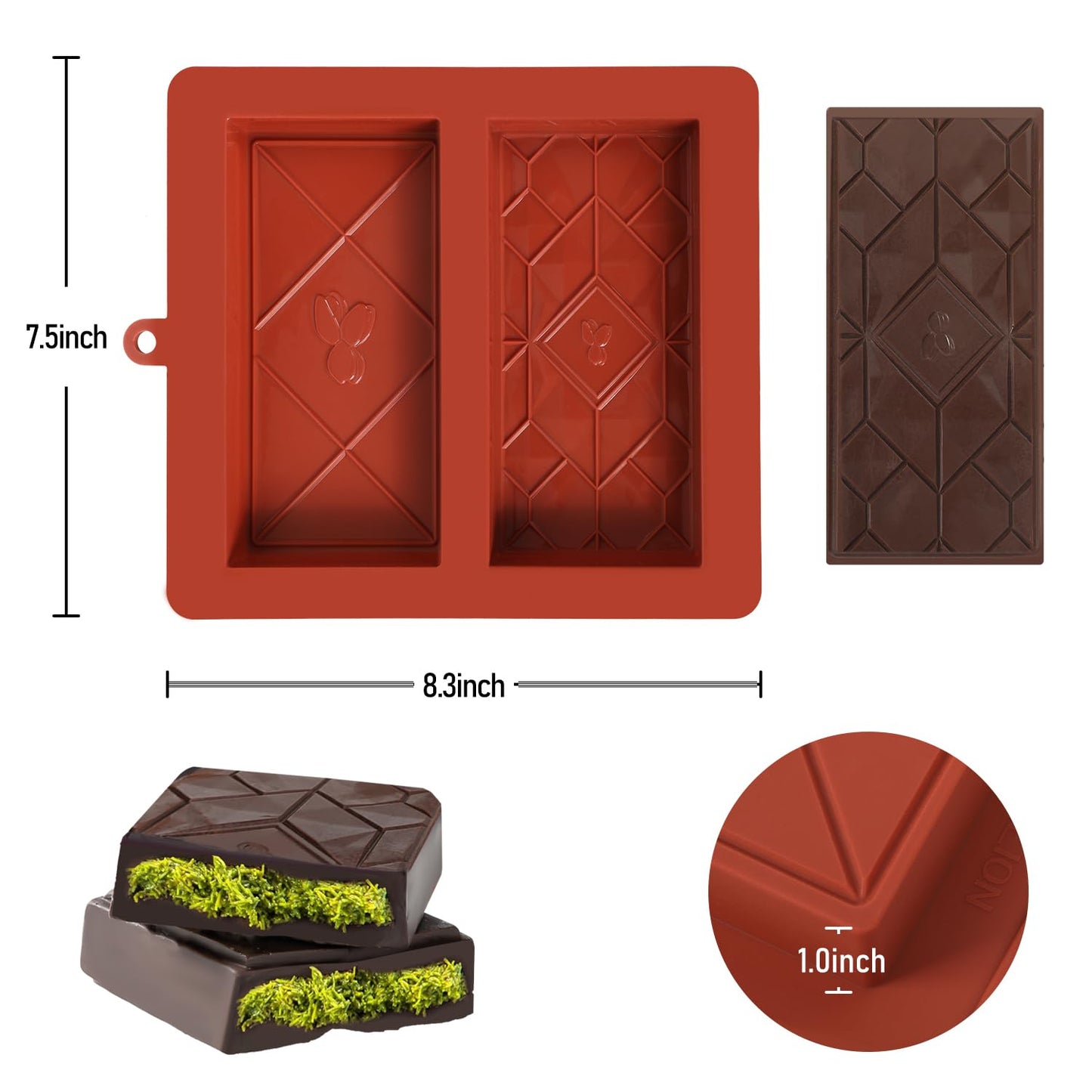 UWILLION Chocolate Bar Mold Deep Dubai 1 Inch Pistachio Chocolate Bar Silicone Thick Mold for Stuffed Bar, Large Candy Mould for Filling, Pistachio Design