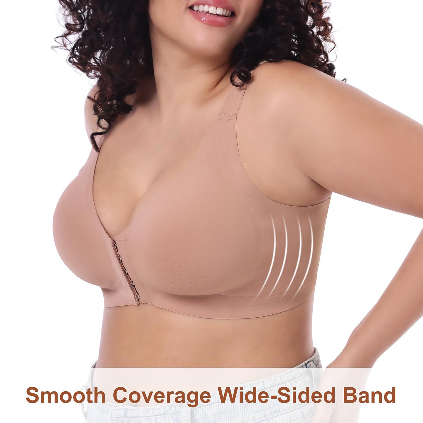 Starmiss Seamless Front Closure Bra for Women Posture Back Smoothing Wireless Brasieres, Beige, XL