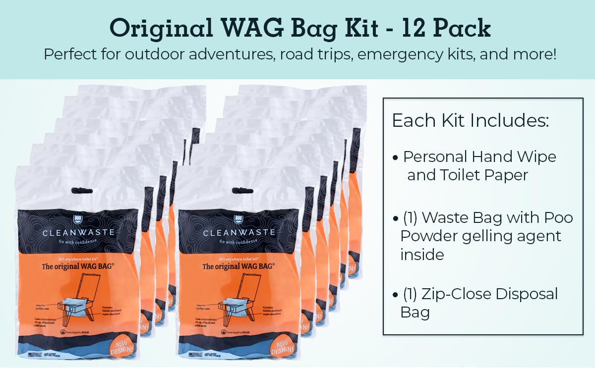 Cleanwaste Original WAG Bag Portable Toilet (12 Pack) - Go Anywhere Kit For Camping, Boating, Travel - NASA Gelling Powder for Poop/Pee