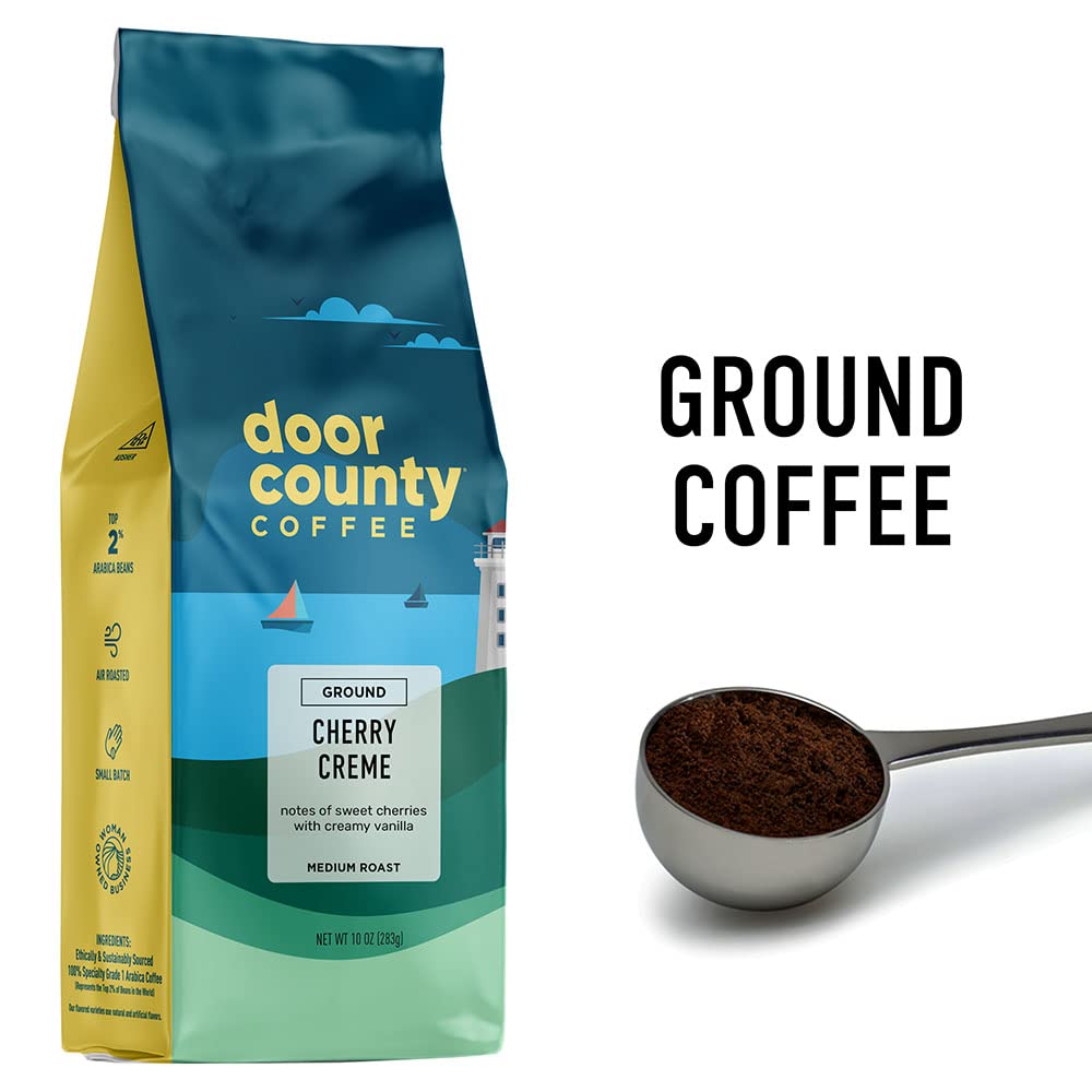 Door County Cherry Crème Flavored Coffee Ground - 10 oz Bag - Medium Roast - 100% Specialty Arabica - 100% Specialty Grade 1 Arabica Coffee