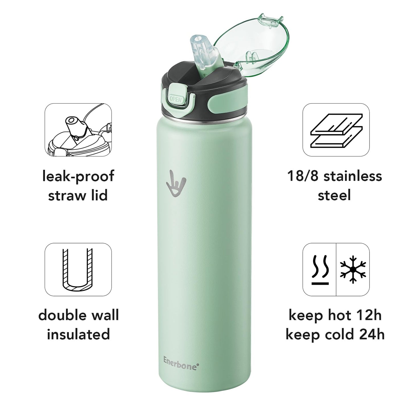 Enerbone 32 oz Insulated Water Bottle, Stainless Steel Bottle with Carrying Strap, Double-Wall Vacuum Insulation Design, Leakproof Sports Bottle with Straw, Keep Drinks Cold or Hot for Hours