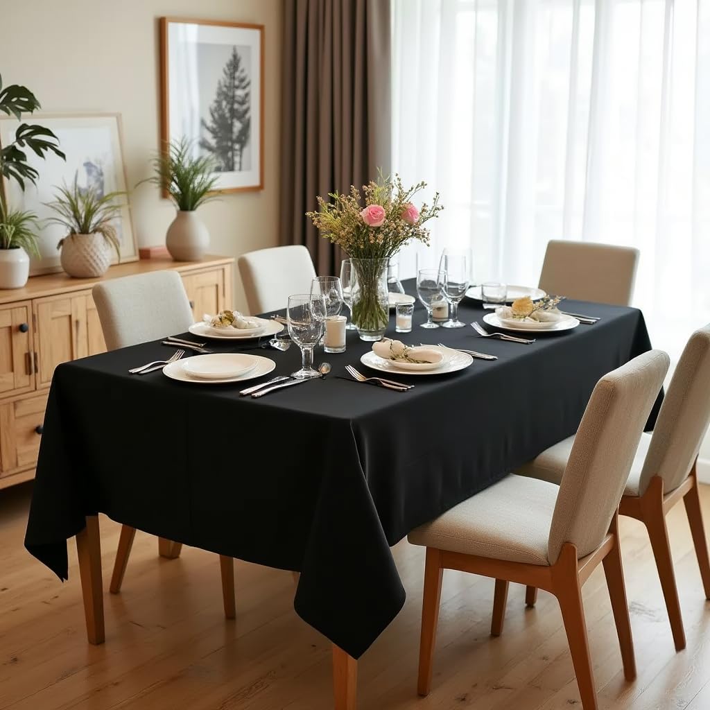 sancua Rectangle Tablecloth - 60 x 84 Inch - Stain and Wrinkle Resistant Washable Polyester Table Cloth, Decorative Fabric Table Cover for Dining Tables, Buffet Parties and Camping, Black