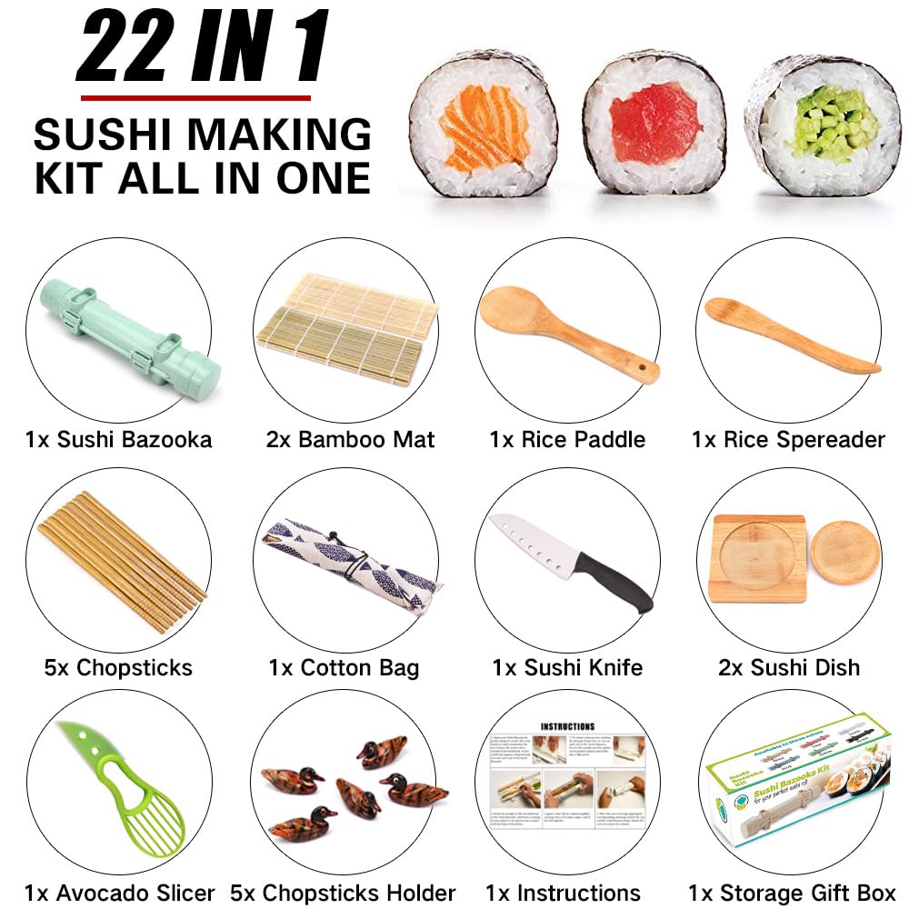 SmileTools Sushi Making Kit, 22 in 1 Sushi Roller Sushi Maker Kit with Bamboo Sushi Rolling Mats, Bazooka, Chef's Knife, Chopsticks, Sauce Dishes, Rice Spreader, Avocado Slicer, Guide Book