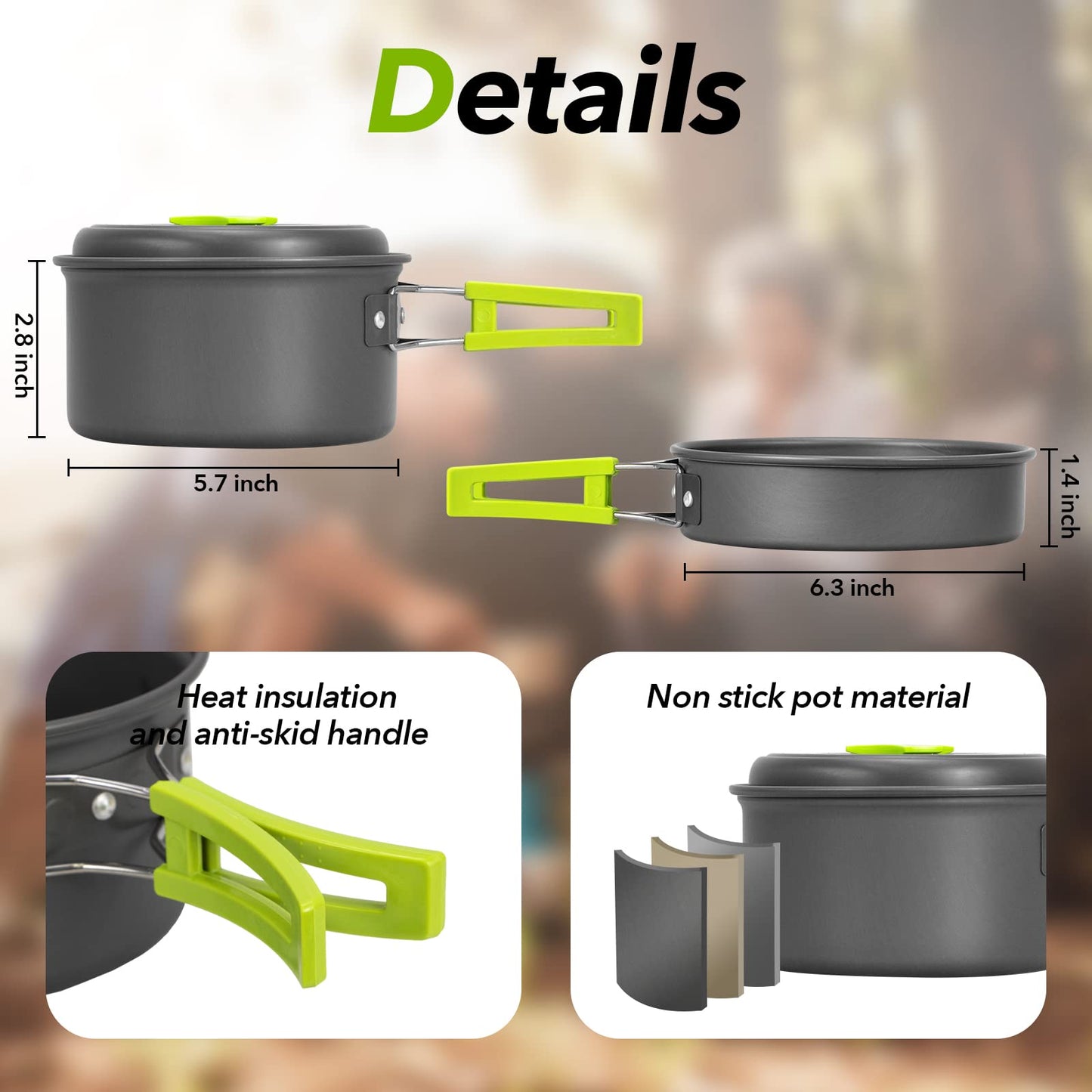 Rlrueyal 15pcs Camping Cookware Mess Kit,Non-Stick Lightweight Pots Set Portable Outdoor Cookware for Camping Backpacking Hiking Outdoor Cooking and Picnic
