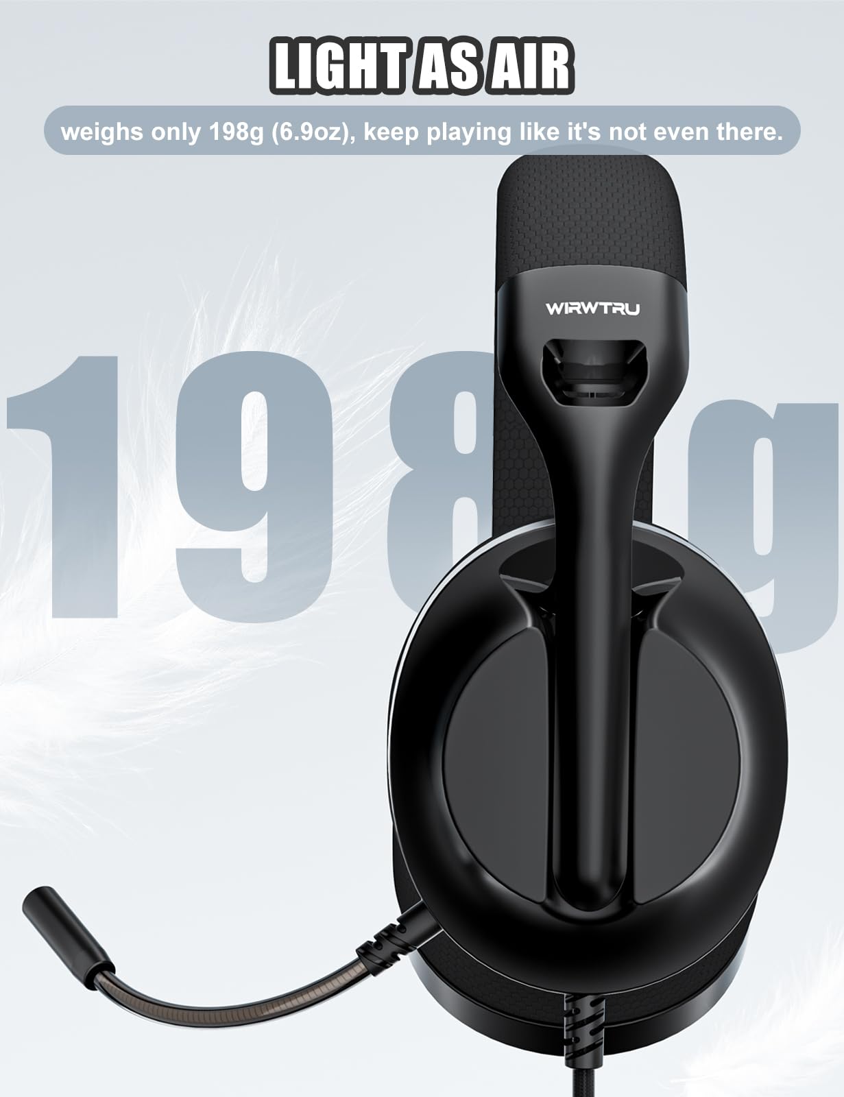 WIRWTRU S30 Gaming Headset with Microphone,198g Lightweight Design, Wired Gaming Headphones for Xbox, Xbox Series X|S, PS5, PS4, Switch, PC, Noise Cancelling Mic, Soft Earmuffs (Black)