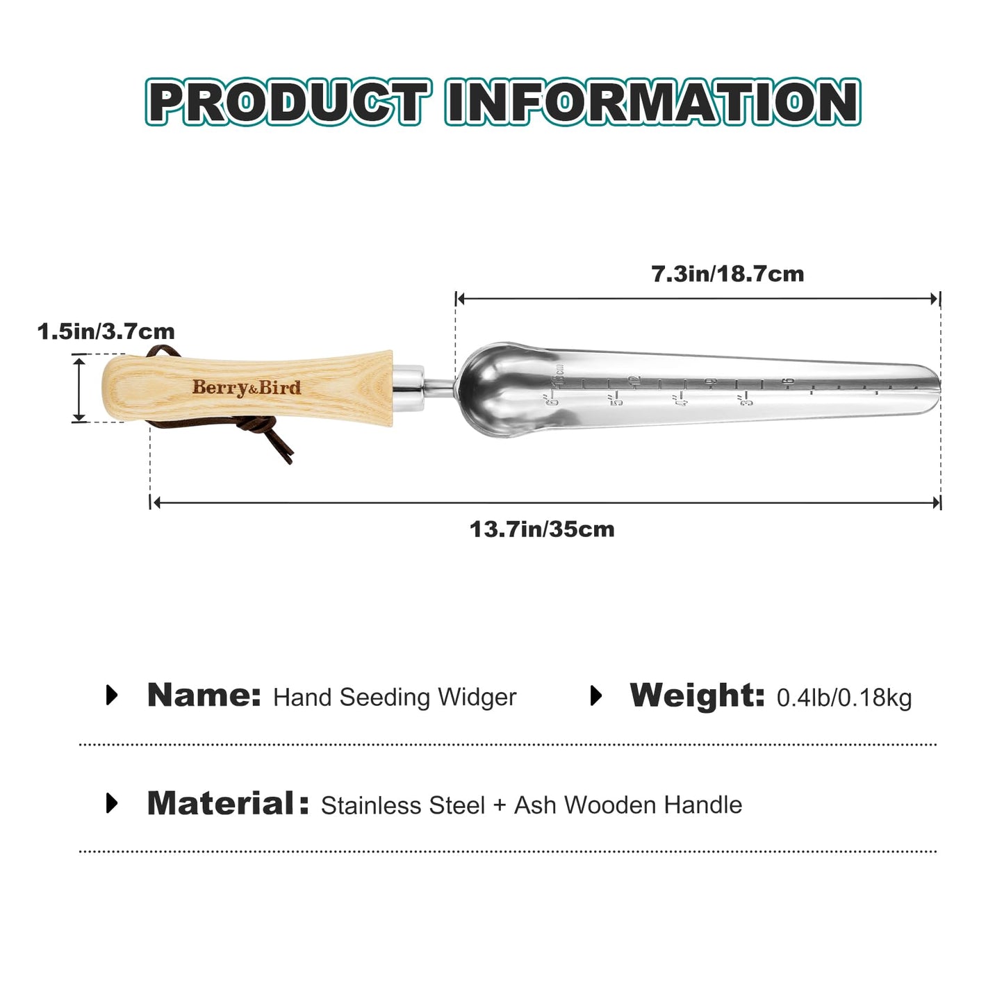 Berry&Bird Seeding Widger,Stainless Steel Seed Dibber Tool with Measuring Scale,Wooden Handle Garden Bulb Trowel for Seed Planting Tool Hand Shovel Planter Transplanter Dibber Soil Digginng