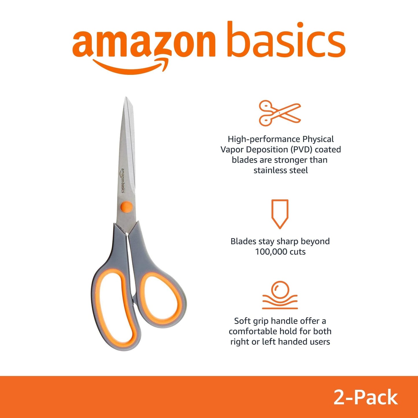 Amazon Basics Stainless Steel Scissors for Office, Crafts, Multipurpose, Sharp, Comfort Grip, PVD Coated, 2 Pack, Green and Grey