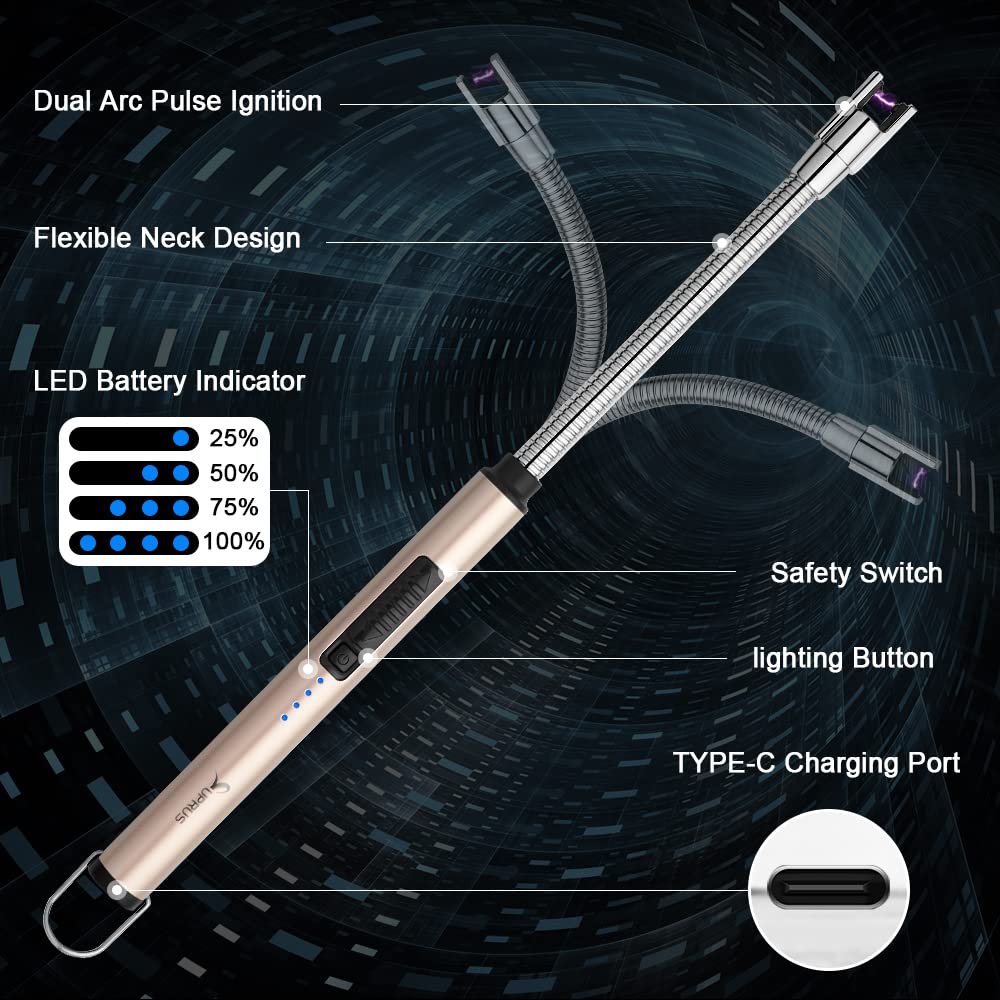 SUPRUS Electric Candle Lighter USB Type C Rechargeable Lighter Steel Shell & Hanging Hook with 360° Flexible Neck(Gold)