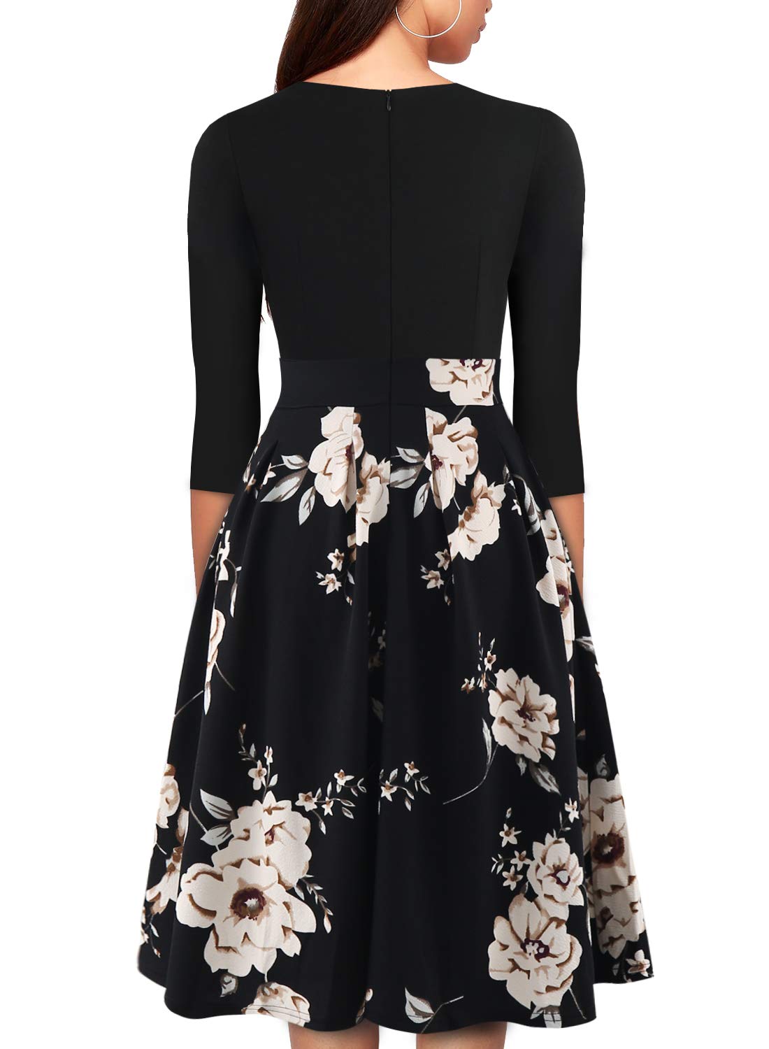 YATHON Women's Vintage Floral Flared A-Line Swing Casual Party Dresses with Pockets (YT018-Black Khaki 02-3/4, l)