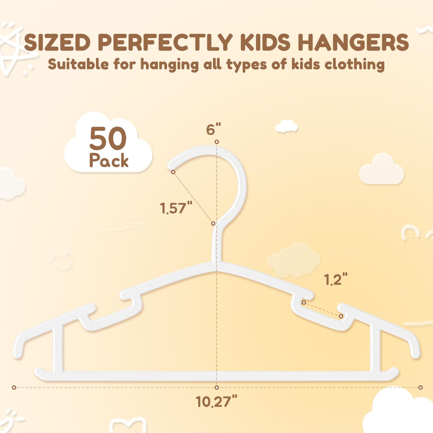VILICK Kids Plastic Hangers, Baby Clothes Hangers for Closet 50 Packs Non-Slip Toddler Hangers for Infant Child Clothing, Small Children, for Pants Coats Skirts (White)