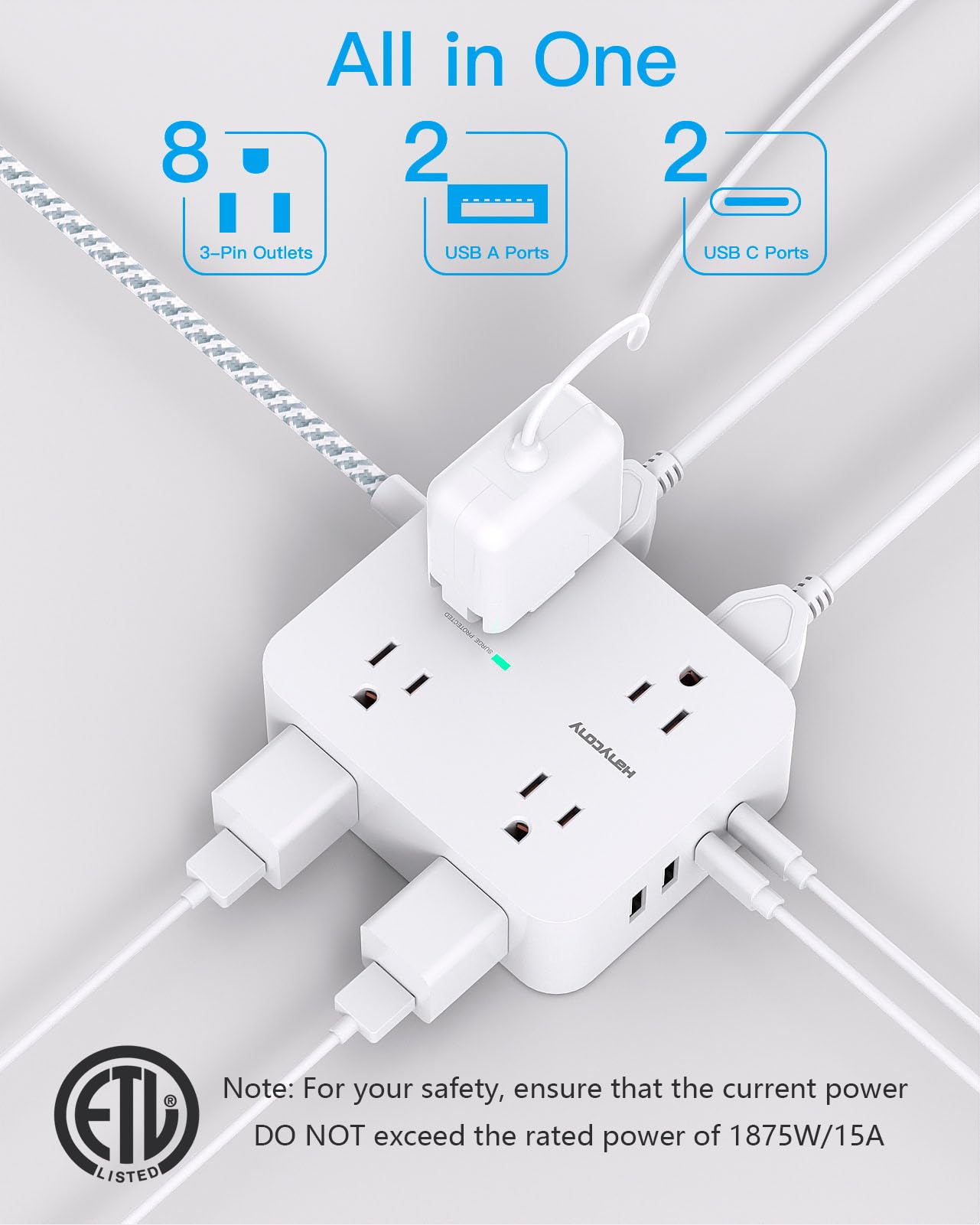 Surge Protector Power Strip - HANYCONY 8 Outlets 4 USB (2 USB C) Charging Ports, Multi Plug Outlet Extender, 5Ft Braided Extension Cord, Flat Plug Wall Mount Desk Charging Station for Home Office ETL