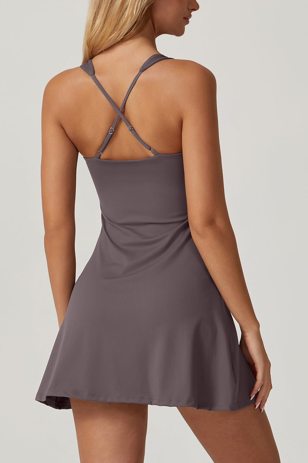 QINSEN Exercise Workout Dress for Women Square Neck Sleeveless Flare Tennis Dress with Shorts Pockets Rose Taupe M