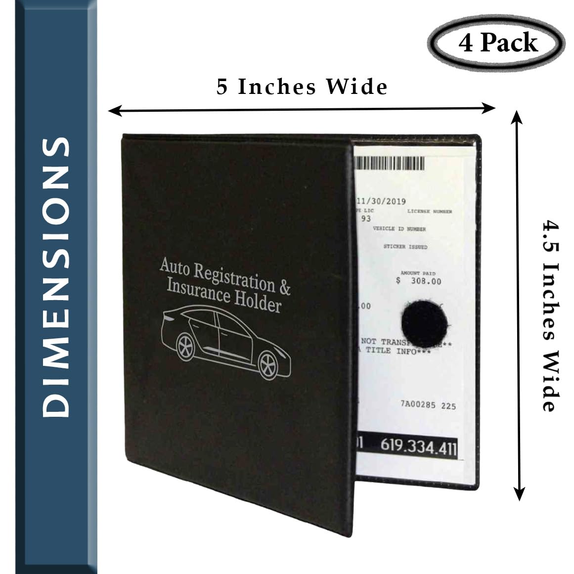 W4W, Auto Registration Insurance & ID Card Holder - 4 PACK - Perfect for any Car, Truck, Motorcycle, Trailer or Boat - Strong Velcro Closure, Men & Women