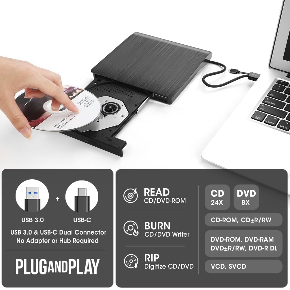 ROOFULL External CD DVD +/-RW Drive for Laptop Mac, USB 3.0 & USB-C CD DVD Disc Reader Writer Burner CD-ROM Portable DVD Player with Carrying Case for Windows 11/10 PC MacBook Pro Linux Computer