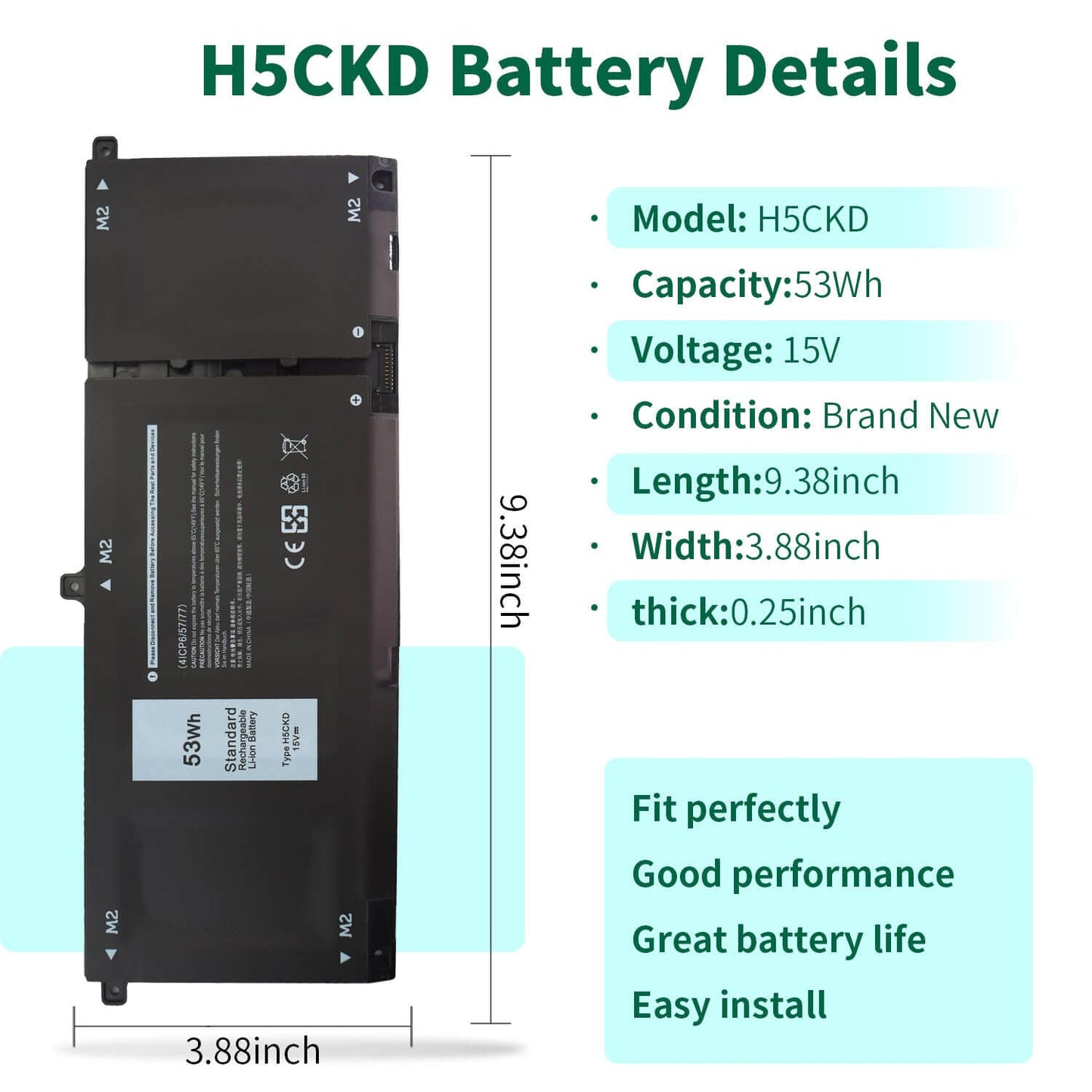 53Wh H5CKD 15V Battery Replacement for Dell Inspiron 5400 5406 7405 7300 7306 7500 7506 2-in-1 Silver 5300 5301 5401 5402 5408 5409 5501 5502 5508 5509 Series Latitude 3410 3510 Vostro 5300 5301 7T8CD