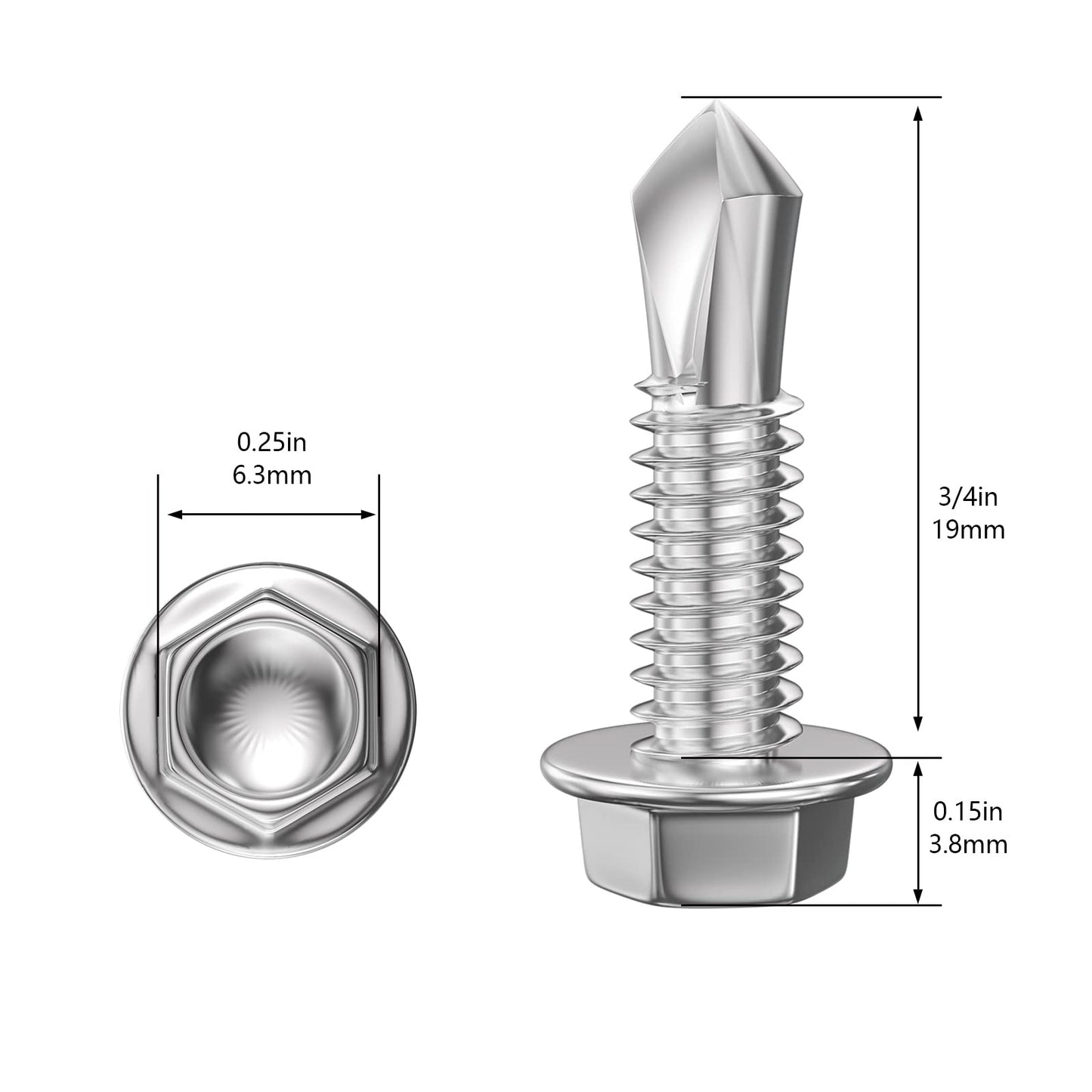 Wensilon (300Pcs) #8×3/4" Hex Washer Head Self Drilling Screws, 410 Stainless Steel Metal SheetScrews,TEK Screws, Sheet Metal Self Tapping Screws