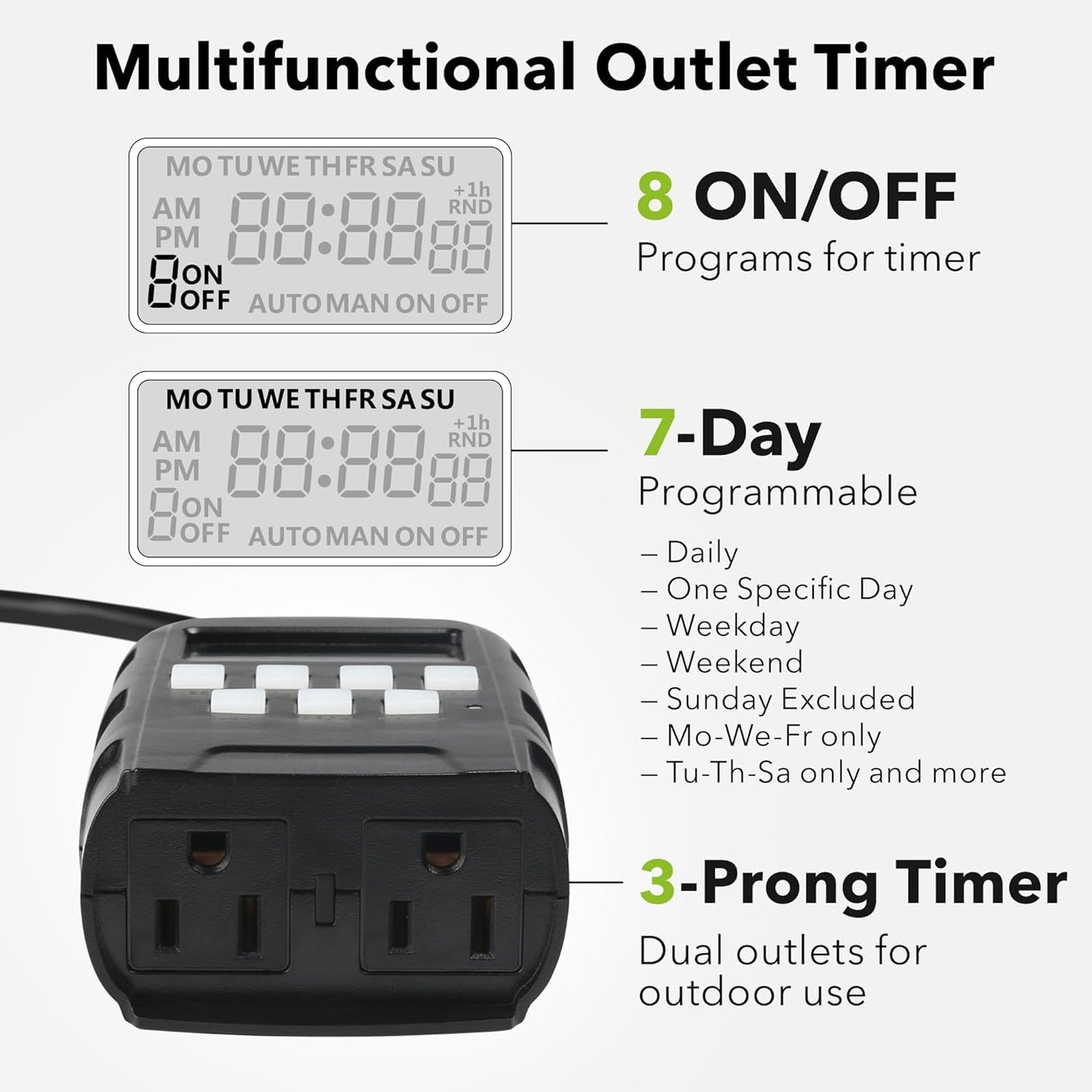 BN-LINK 7 Day Outdoor Heavy Duty Digital Programmable Timer, 125VAC, 60Hz, Dual Outlet, Weatherproof, Heavy Duty, Accurate for Lamps Ponds Christmas Lights 1875W 1/2HP ETL Listed