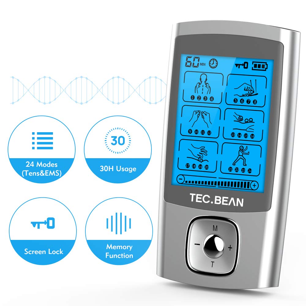 TEC.BEAN 24 Modes Tens Unit Muscle Stimulator, Rechargeable Tens Machine with 8 Electrode Pads (American Gel), Electric Pulse Massager for Pain Relief Therapy(Silver)