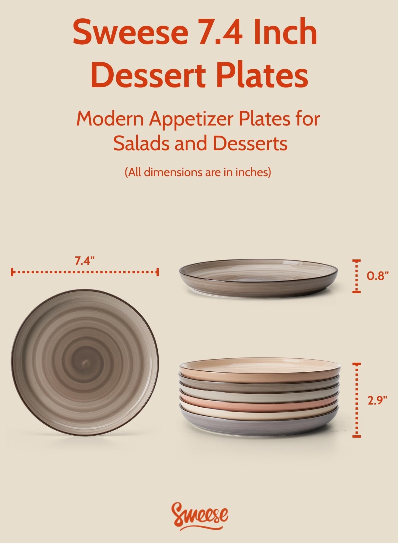 Sweese 7.4 Inch Porcelain Dessert Plates - Round Salad, Appetizer Plate Set for Kitchen, Small, Dishwasher Microwave Safe, Set of 6, Neutral