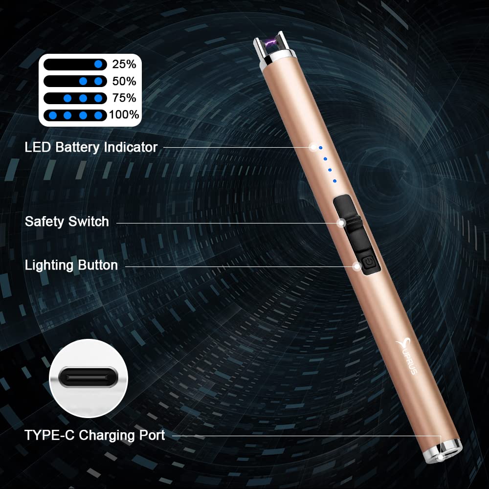 SUPRUS Electric Lighter Candle Type C Rechargeable Lighter with Upgraded LED Battery Display Safety Switch Flameless Plasma Windproof for Candle Cooking BBQs Fireworks (Champagne Gold)