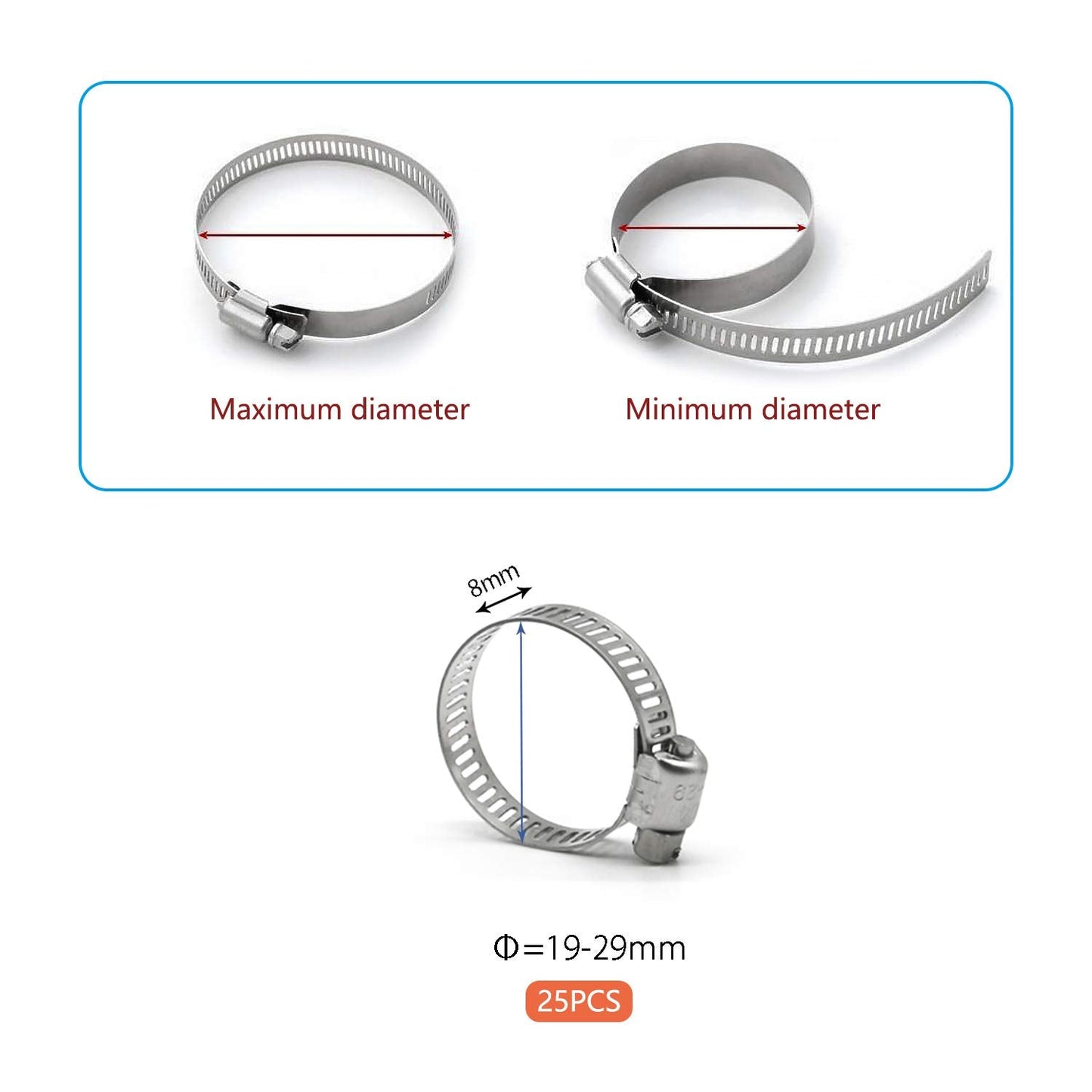 ZIPCCI Hose Clamp, 1 Inch Stainless Steel Worm Gear fuel line hose clamps, 19-29mm (25pack)