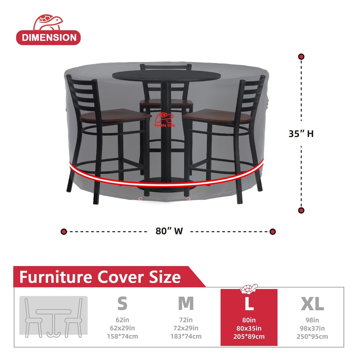 Turtle Life Patio Furniture Sets Cover, Heavry Duty Round Outdoor Dinning Table and Chairs Cover, Anti-Fading Cover for Outdoor Furniture Set, Black, Dia 80" x 35" H